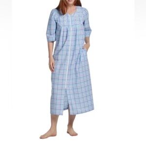 Miss Elaine House Dress Zip Nightgown Long Robe Seersucker Blue Petite Small NWT